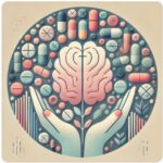 Abstracte afbeelding die medicijngebruik en ADHD vertegenwoordigt, met symbolen zoals pillen en een brein, passend bij persoonlijke ervaringen met medicatie.
