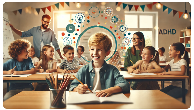 Een klaslokaal met een vrolijk kind dat geconcentreerd werkt, omringd door klasgenootjes en een vriendelijke leerkracht. Het beeld toont de positieve effecten van ADHD-behandeling in een warme en ondersteunende omgeving.