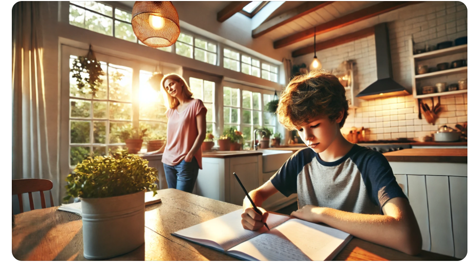 Jongen met ADHD werkt rustig aan huiswerk thuis na gebruik van ADHD-medicatie