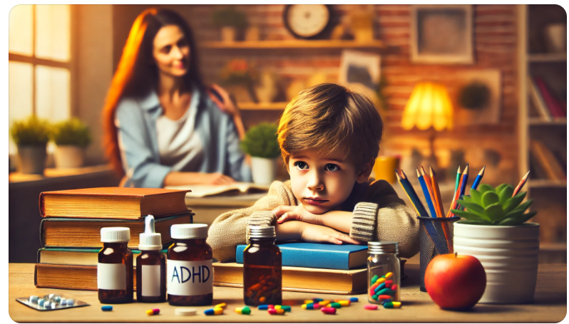 Een kind met ADHD zit aan een bureau met medicijnen en boeken, terwijl een ouder ondersteuning biedt.