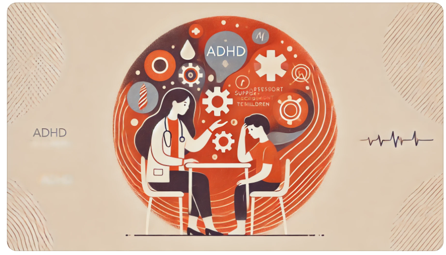 Illustratie van een moeder in overleg met een zorgprofessional over medicatie voor ADHD-behandeling bij kinderen.