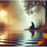 Een serene, reflectieve scène in de natuur met een figuur die rustig zit bij een meer of rivier, omgeven door zacht licht en herfstbladeren. Het beeld straalt begrip en acceptatie van ADHD uit.
