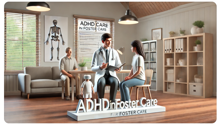 Brede medische consultatie over ADHD medicatietrial in pleegzorg, met arts en pleegouders in gesprek.
