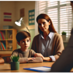 Een moeder in gesprek met haar kind tijdens een oudergesprek op school, met een zorgzame en bezorgde uitdrukking.