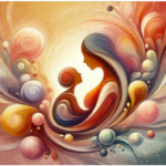 Abstracte illustratie van moederliefde en steun voor een kind met ADHD, weergegeven in zachte, warme kleuren en vloeiende vormen die energie en omarming symboliseren.