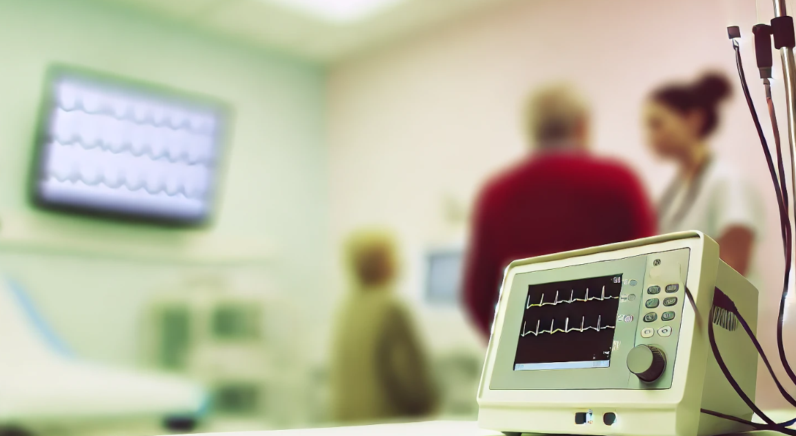 Brede afbeelding van hartonderzoek voor ADHD medicatietrial bij kind in pleegzorg, met hartmonitoring en steun van pleegouder.