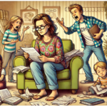Cartoon van een moeder in een chaotisch gezin met ADHD en ADD, met een vader in discussie, dochter met huiswerk en zoon met concentratieproblemen.