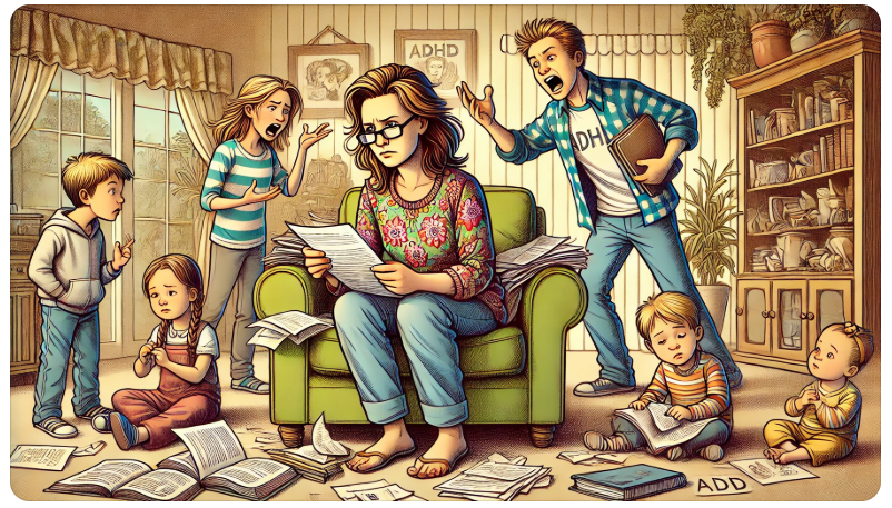 Cartoon van een moeder in een chaotisch gezin met ADHD en ADD, met een vader in discussie, dochter met huiswerk en zoon met concentratieproblemen.