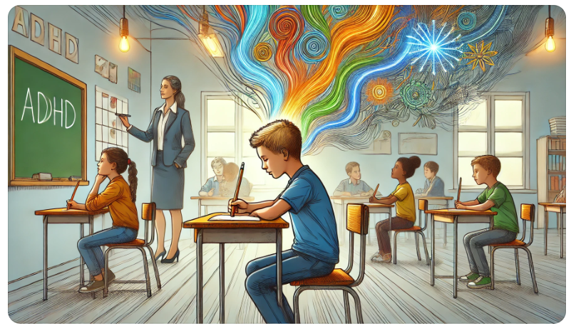 Illustratie van een kind met ADHD in een klas, omgeven door een chaotische maar ondersteunende leeromgeving.