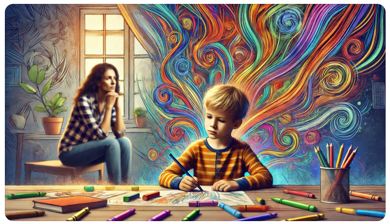 Illustratie van een kind met ADHD aan tafel, omringd door creatieve chaos en een zorgzame moeder op de achtergrond.