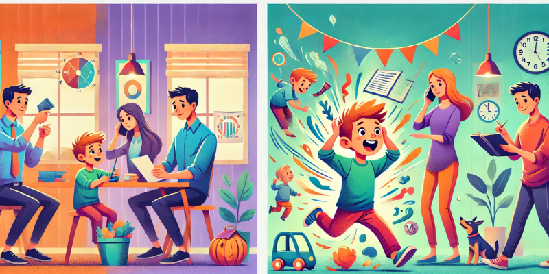 Cartoonillustratie van een gezin dat ADHD zonder medicatie beheert, met een energiek spelend kind en ouders die balans en structuur bieden.