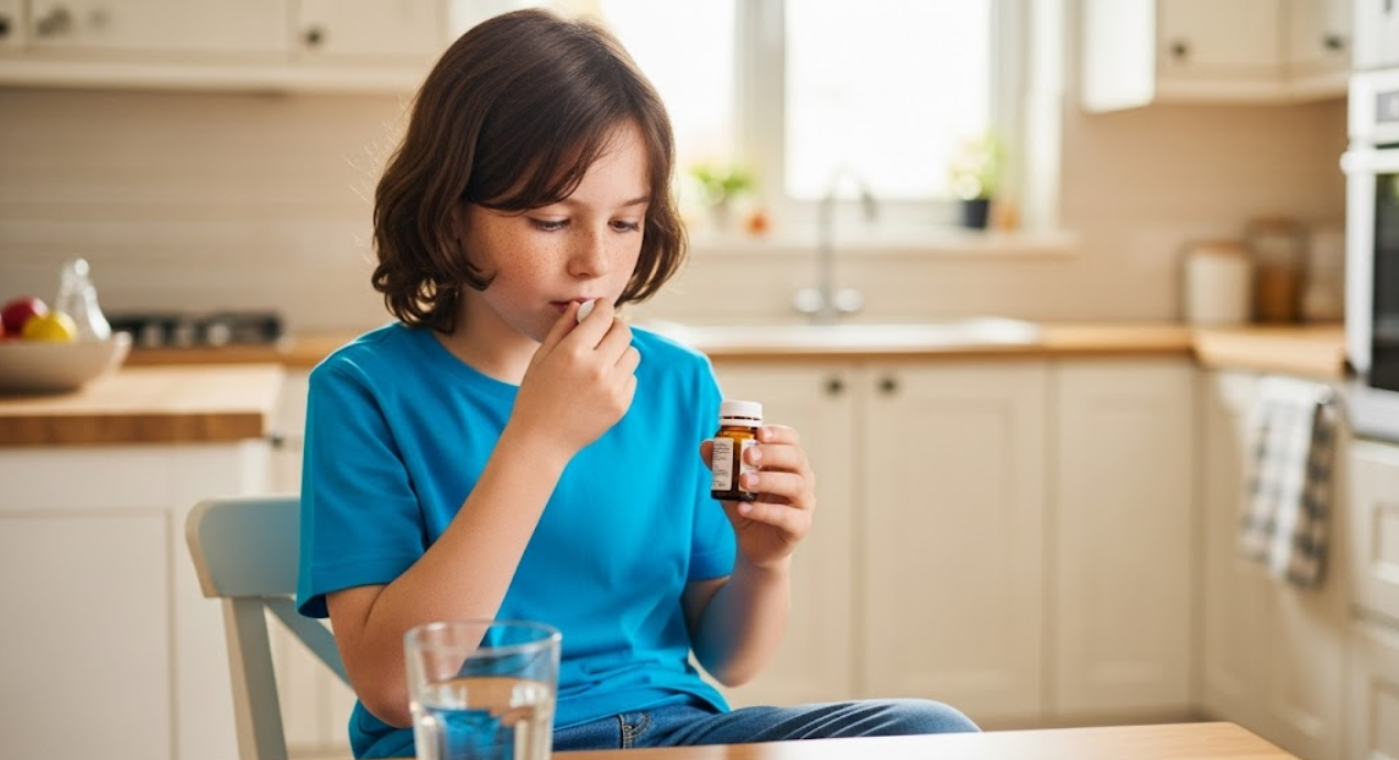 Realistische foto van een jongen die rustig zijn ADD-medicatie inneemt aan de keukentafel, met een glas water ernaast.