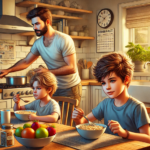 vader met adhd in de keuken met twee zoons