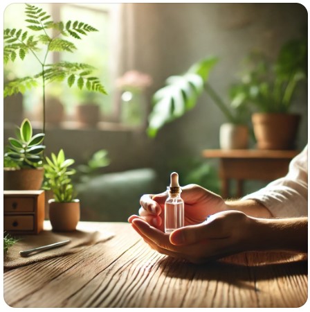 Rustige scène van een persoon die een homeopathisch flesje vasthoudt in een kalmerende omgeving.