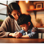 Moeder steunt zoon met ADHD aan keukentafel