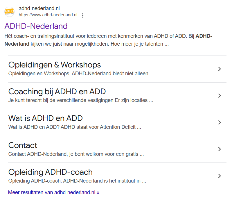 Overzicht van categorieën op de website van ADHD-Nederland