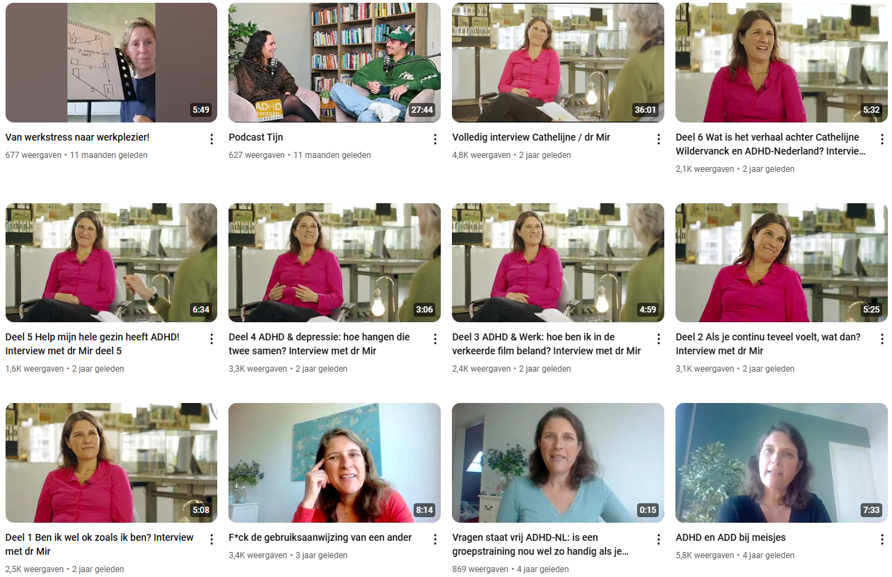 Overzicht van YouTube kanaal van ADHD-Nederland met allemaal verschillende video's