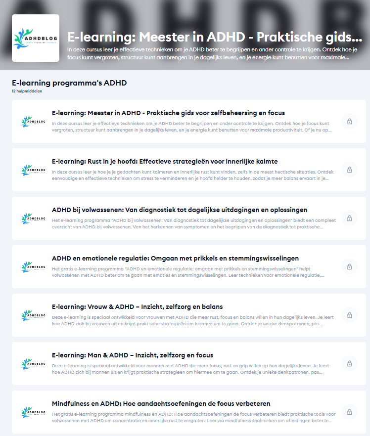 Screenshot van alle e-learning programma's voor volwassenen met ADHD.