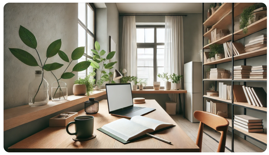 Modern ingerichte studieruimte met een groot bureau en warme omgeving, perfect voor geconcentreerd leren.