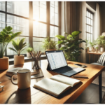 Rustige studieruimte met groot bureau, natuurlijke verlichting en planten, ideaal voor online leren en zelfstudie.