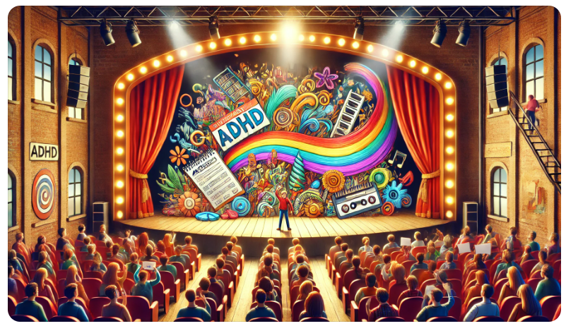Theatervoorstelling Druktemakers van Ilse van Es over ADHD op een kleurrijk podium.