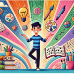 Kleurrijke cartoonillustratie van een persoon met ADHD, stralend en vol vertrouwen, terwijl ze creatieve ideeën jongleren, omgeven door een energieke en dynamische achtergrond.