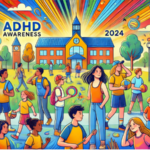 Illustratie van diverse kinderen en jongeren die deelnemen aan verschillende activiteiten in een school- en parkomgeving, symbool voor ADHD-bewustzijn in 2024.
