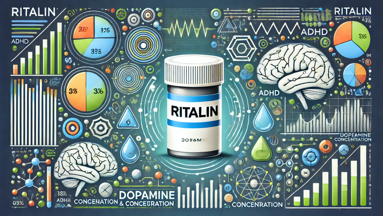 Illustratie van Ritalin medicatie met symbolen voor dopamine, concentratie en een kalmerende achtergrond.