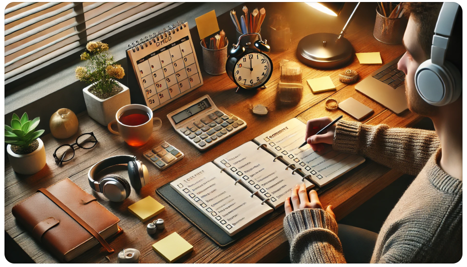 Een georganiseerde en rustige werkplek met ADHD-vriendelijke hulpmiddelen zoals een planner, sticky notes en een timer.