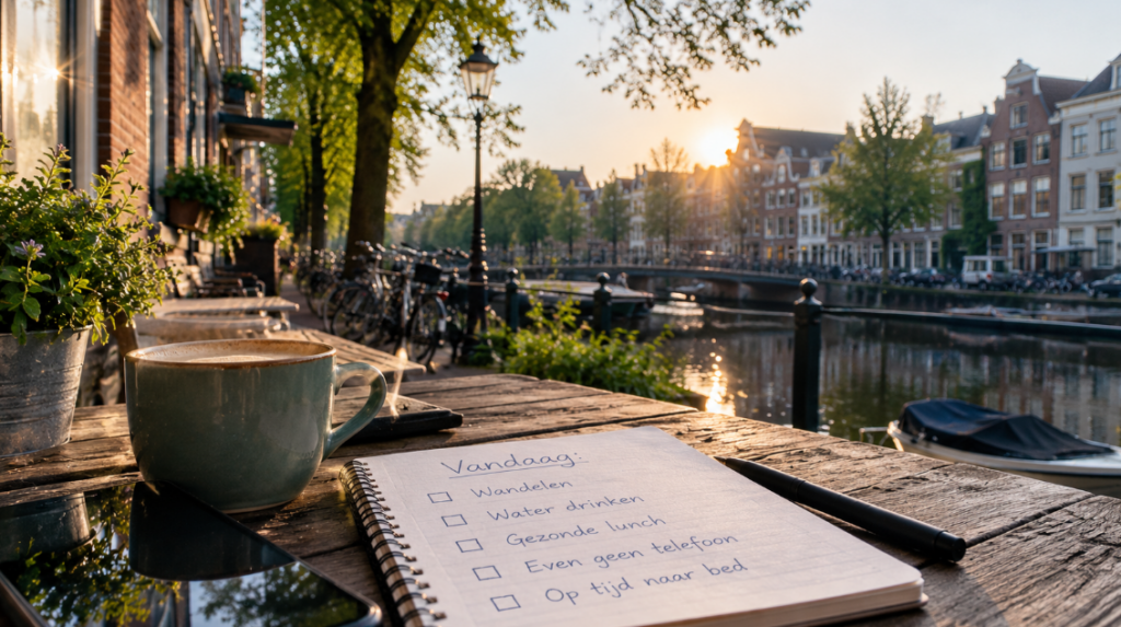 Notitieboek met kleine dagelijkse doelen aan het water in Nederland