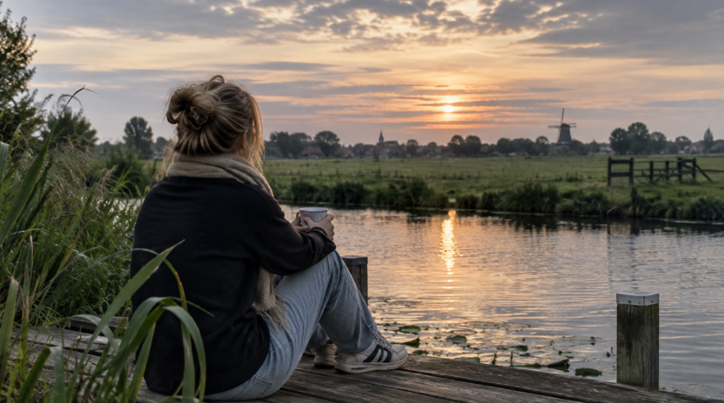 Vrouw zit aan het water en kijkt uit over een Nederlands landschap bij zonsondergang