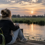 Vrouw zit aan het water en kijkt uit over een Nederlands landschap bij zonsondergang
