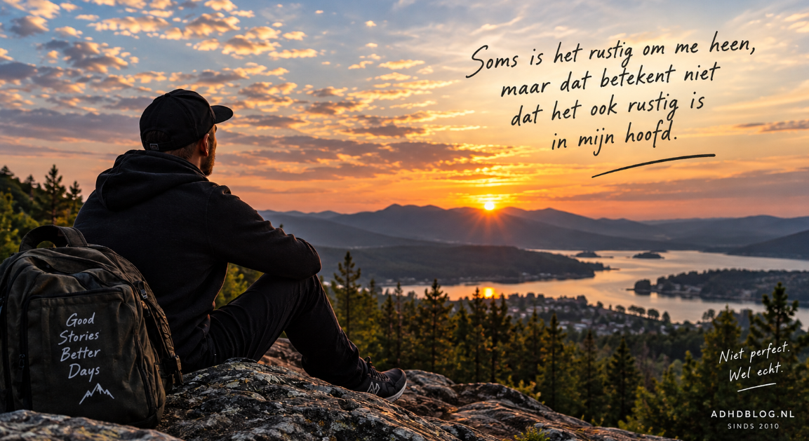 Man kijkt uit over een landschap tijdens zonsondergang, terwijl hij nadenkt over ADHD en de drukte in zijn hoofd